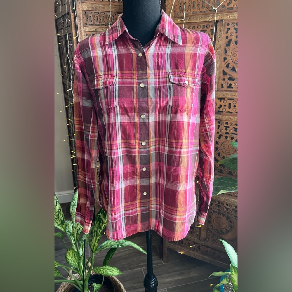 WRANCHER by Wrangler Pink Orange Plaid Long Sleeve Pearl Snap Shirt Sz L
